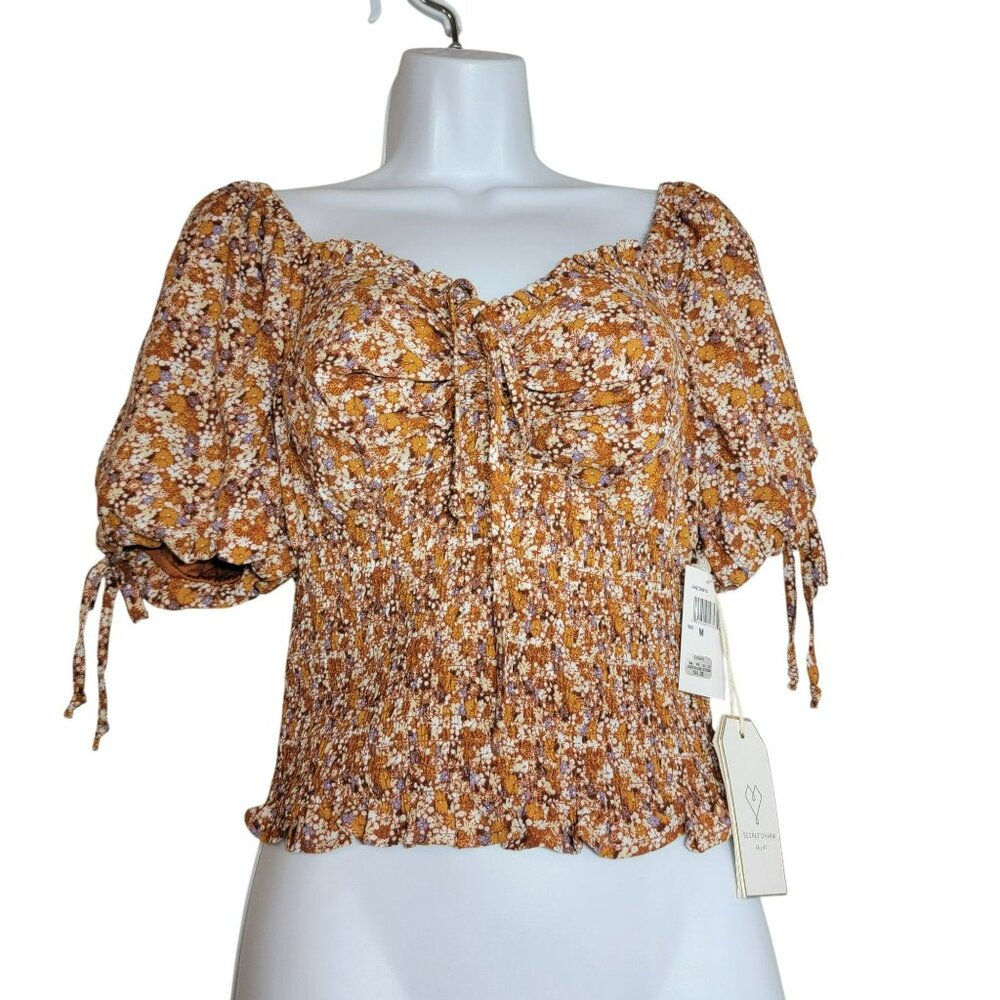Love & Piece Collection Smock Top, Women M, Orange Floral, Ruched, SS, Crop, NWT